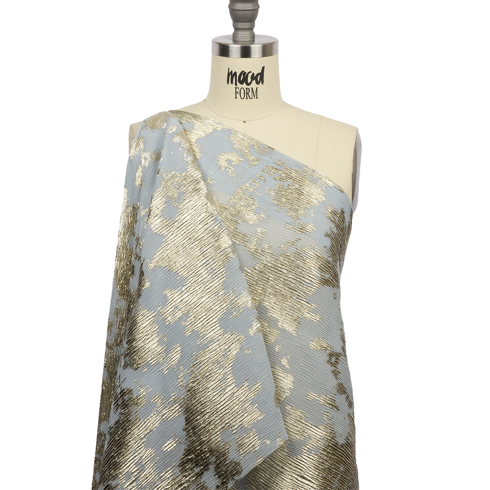 Polyester Chiffon Plisse with Abstract Gold Foiling - Silver-Gray - Aralia Collection - Drape Polyester Chiffon Plisse with Abstract Gold Foiling - Silver-Gray - Aralia Collection - Drape