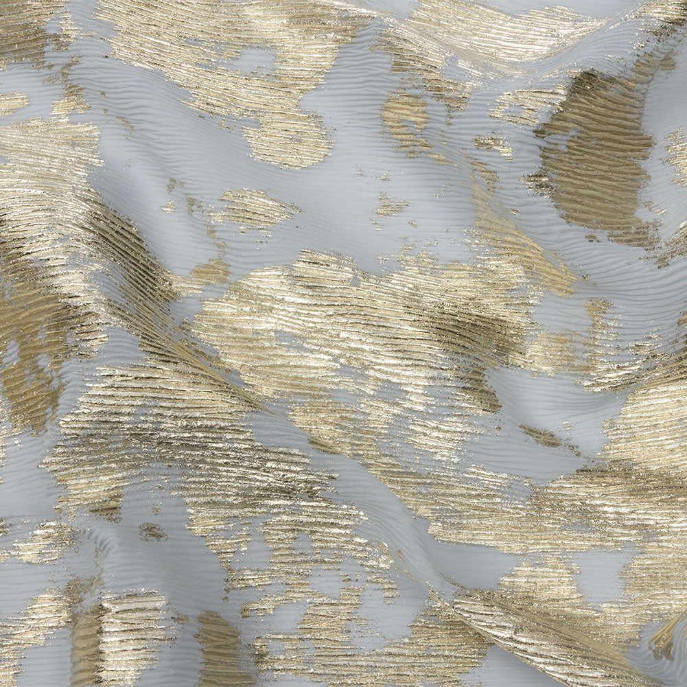 Polyester Chiffon Plisse with Abstract Gold Foiling - Silver-Gray - Aralia Collection Polyester Chiffon Plisse with Abstract Gold Foiling - Silver-Gray - Aralia Collection