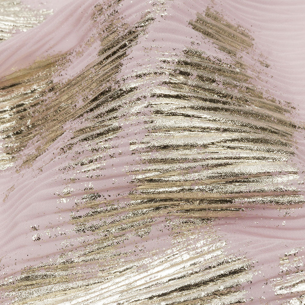 Polyester Chiffon Plisse with Abstract Gold Foiling - Light Pink - Aralia Collection Polyester Chiffon Plisse with Abstract Gold Foiling - Light Pink - Aralia Collection