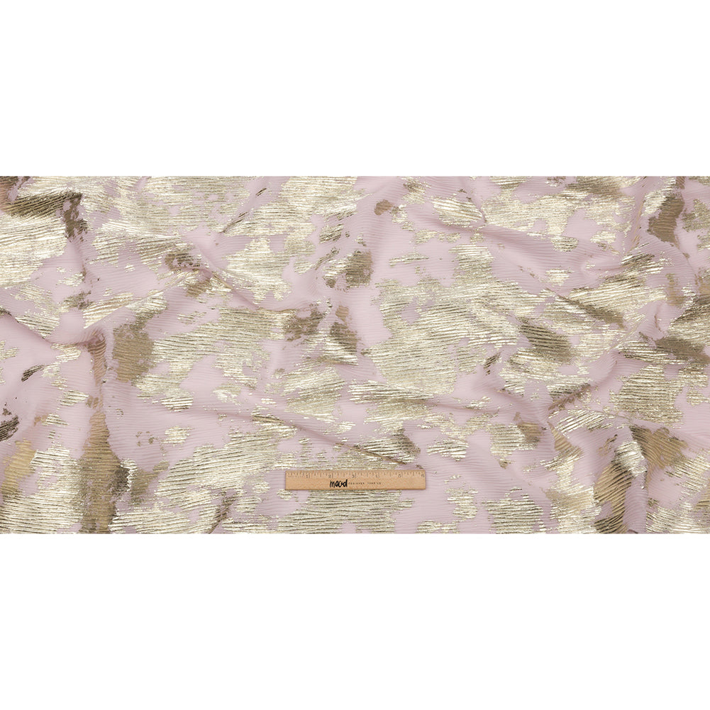 Polyester Chiffon Plisse with Abstract Gold Foiling - Light Pink - Aralia Collection Polyester Chiffon Plisse with Abstract Gold Foiling - Light Pink - Aralia Collection