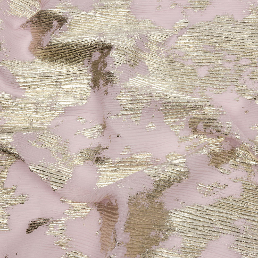 Polyester Chiffon Plisse with Abstract Gold Foiling - Light Pink - Aralia Collection Polyester Chiffon Plisse with Abstract Gold Foiling - Light Pink - Aralia Collection