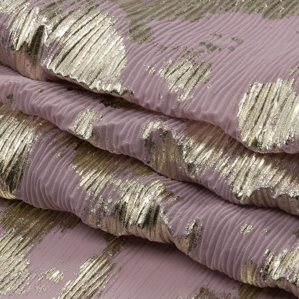 Polyester Chiffon Plisse with Abstract Gold Foiling - Mauve - Aralia Collection - Folded Polyester Chiffon Plisse with Abstract Gold Foiling - Mauve - Aralia Collection - Folded
