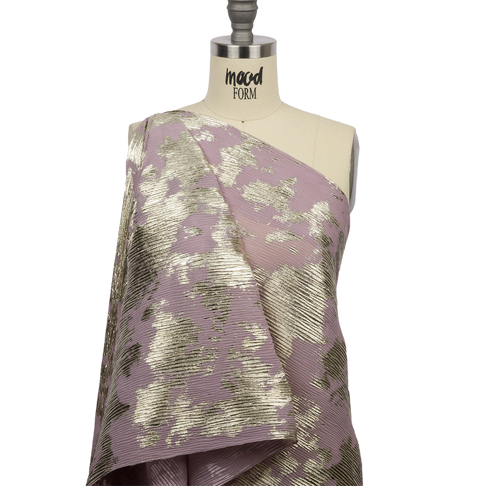 Polyester Chiffon Plisse with Abstract Gold Foiling - Mauve - Aralia Collection - Drape Polyester Chiffon Plisse with Abstract Gold Foiling - Mauve - Aralia Collection - Drape