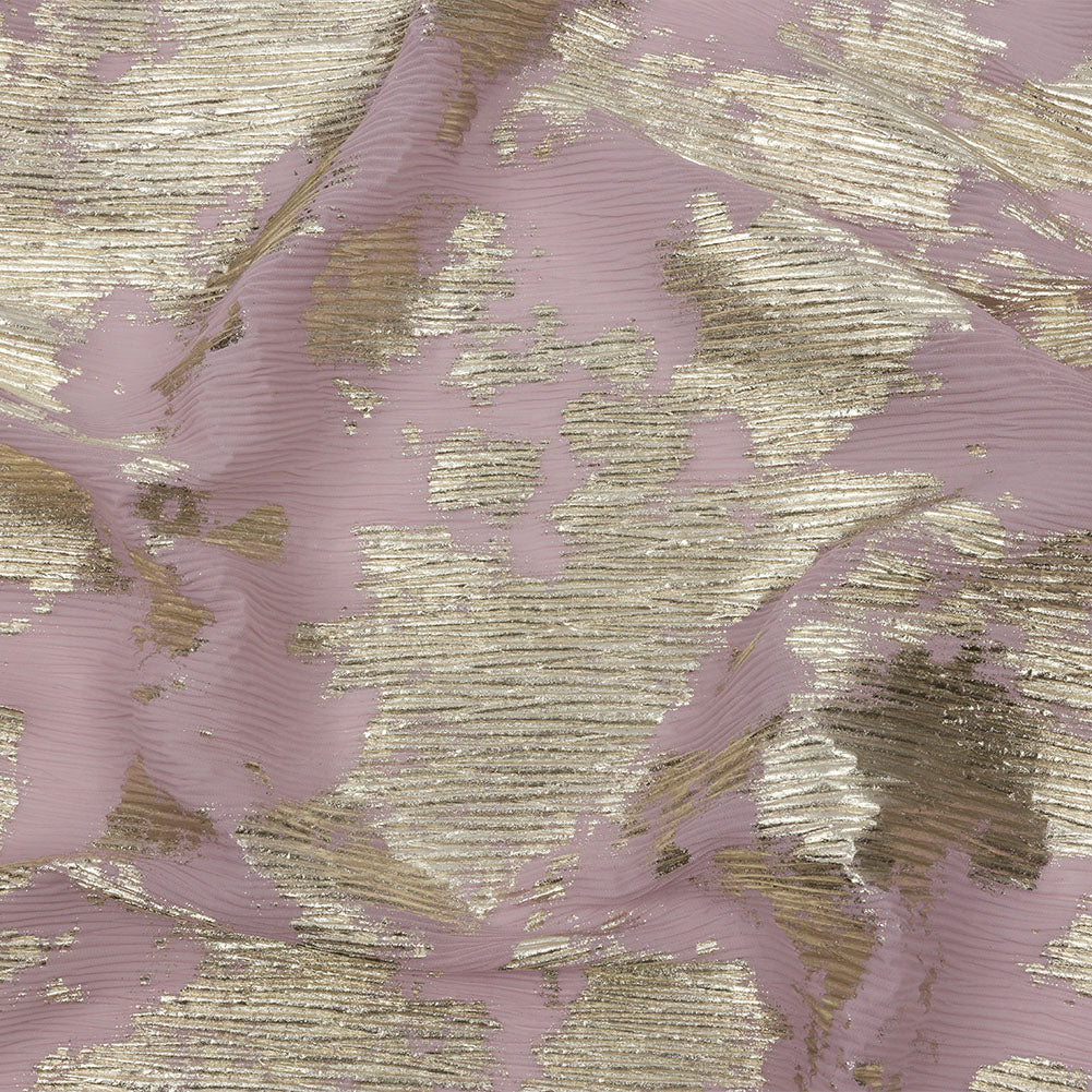 Polyester Chiffon Plisse with Abstract Gold Foiling - Mauve - Aralia Collection Polyester Chiffon Plisse with Abstract Gold Foiling - Mauve - Aralia Collection