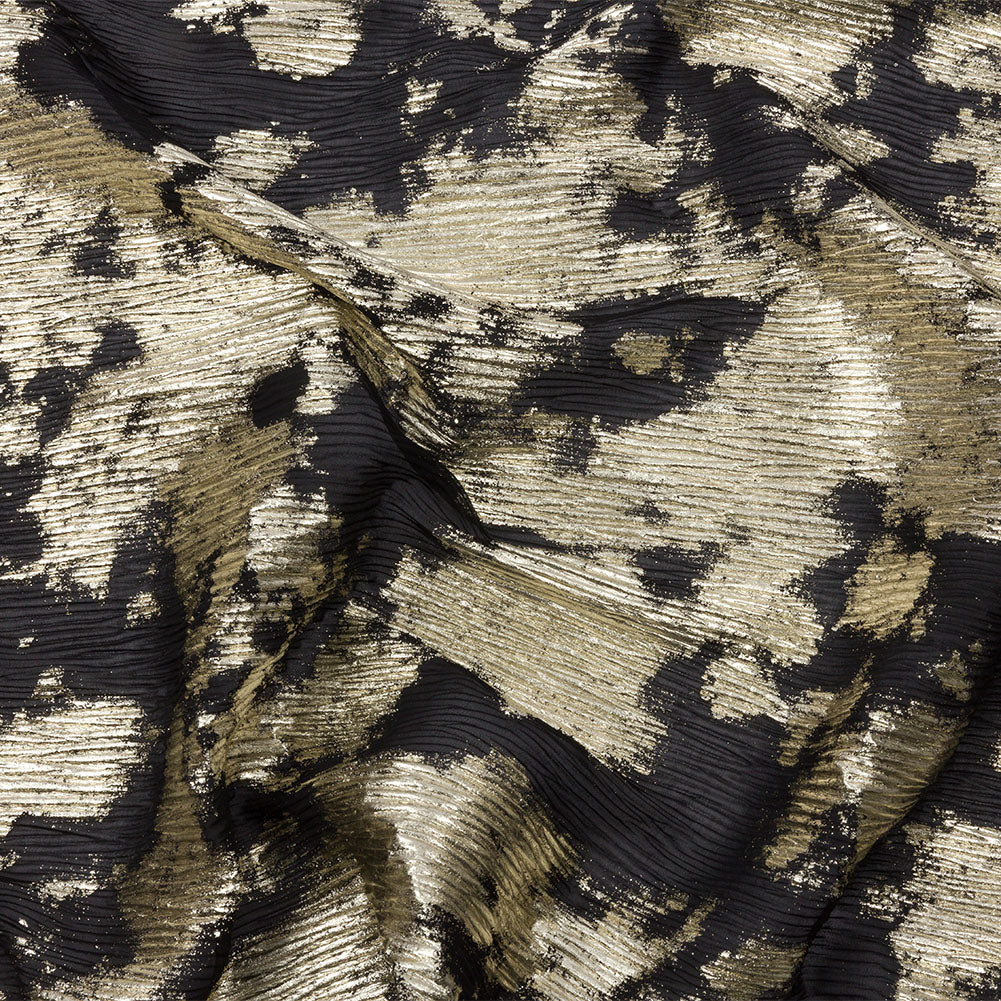 Polyester Chiffon Plisse with Abstract Gold Foiling - Black - Aralia Collection Polyester Chiffon Plisse with Abstract Gold Foiling - Black - Aralia Collection