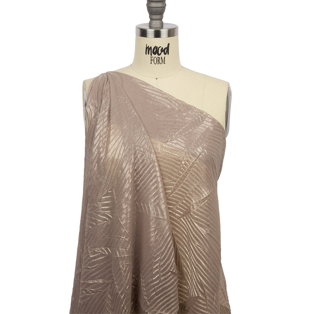 Polyester Chiffon with Abstract Pleats and Gold Foil - Tan - Melia Collection - Drape Polyester Chiffon with Abstract Pleats and Gold Foil - Tan - Melia Collection - Drape