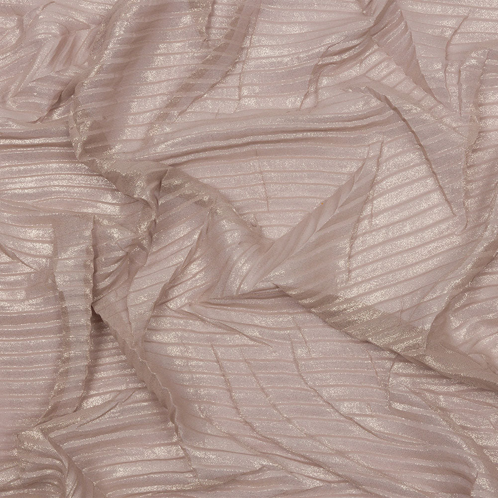 Polyester Chiffon with Abstract Pleats and Gold Foil - Tan - Melia Collection Polyester Chiffon with Abstract Pleats and Gold Foil - Tan - Melia Collection