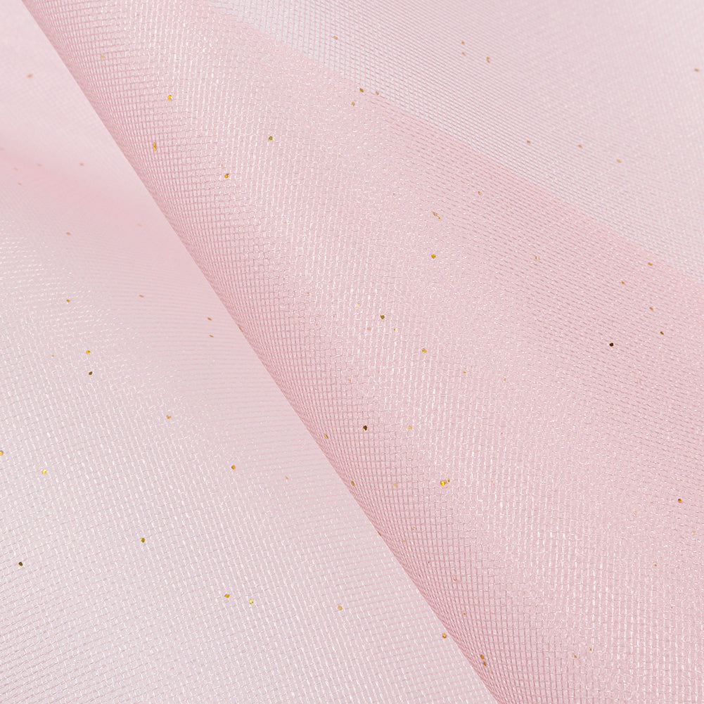 Polyester Mesh Organza with Gold Glitter - Baby Pink - Starlight Collection - Detail Polyester Mesh Organza with Gold Glitter - Baby Pink - Starlight Collection - Detail