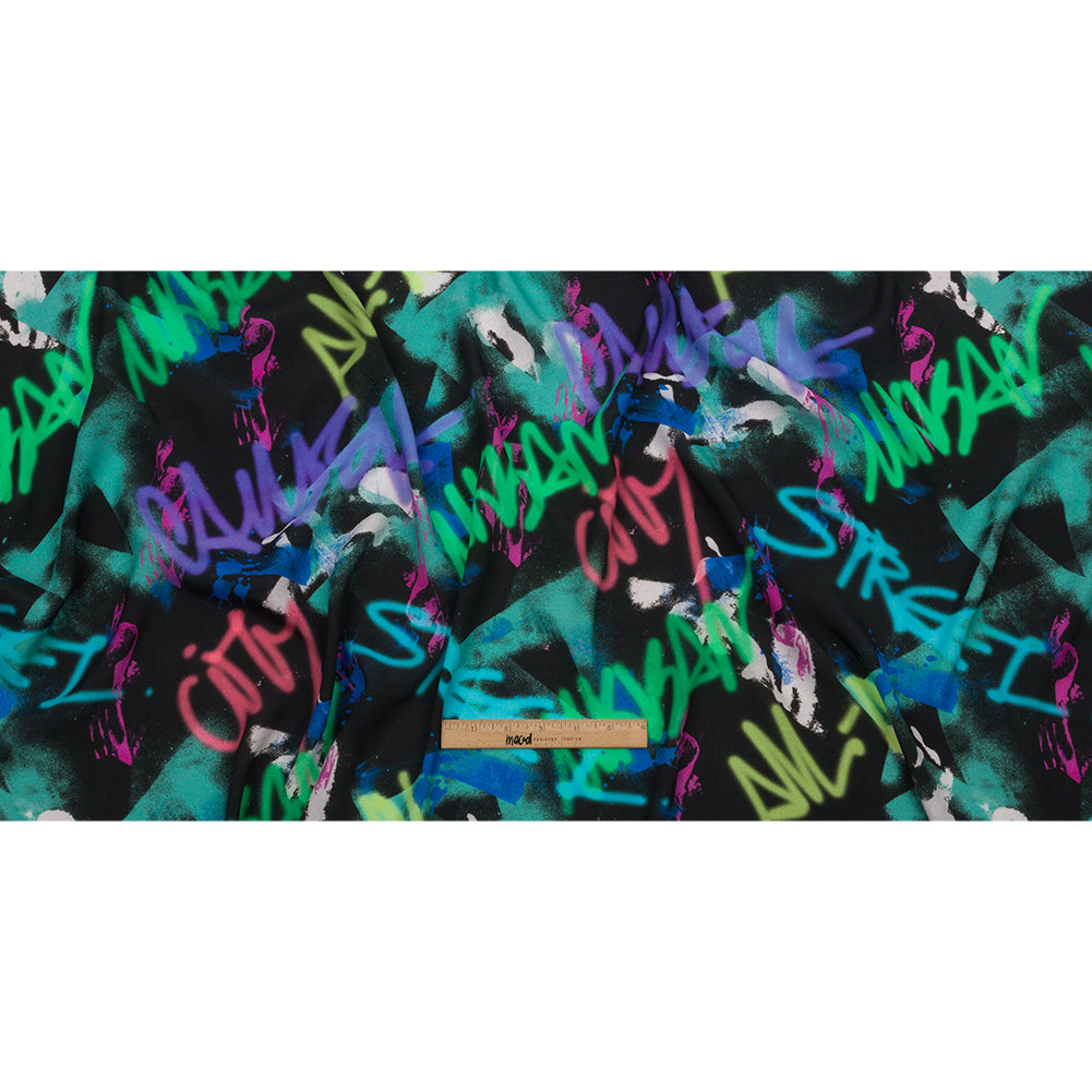 Sustainable Viscose Crepe Print - Black, Turquoise and Green Graffiti - Mood Exclusive Basquiat Beat Full Sustainable Viscose Crepe Print - Black, Turquoise and Green Graffiti - Mood Exclusive Basquiat Beat Full