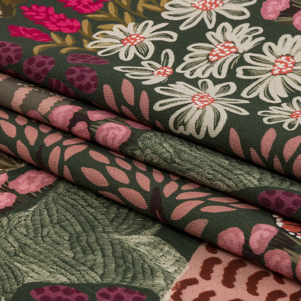Stretch Cotton Twill Print - Red and Green Mushrooms and Flowers - Mood Exclusive Woodland Escape Folded Stretch Cotton Twill Print - Red and Green Mushrooms and Flowers - Mood Exclusive Woodland Escape Folded