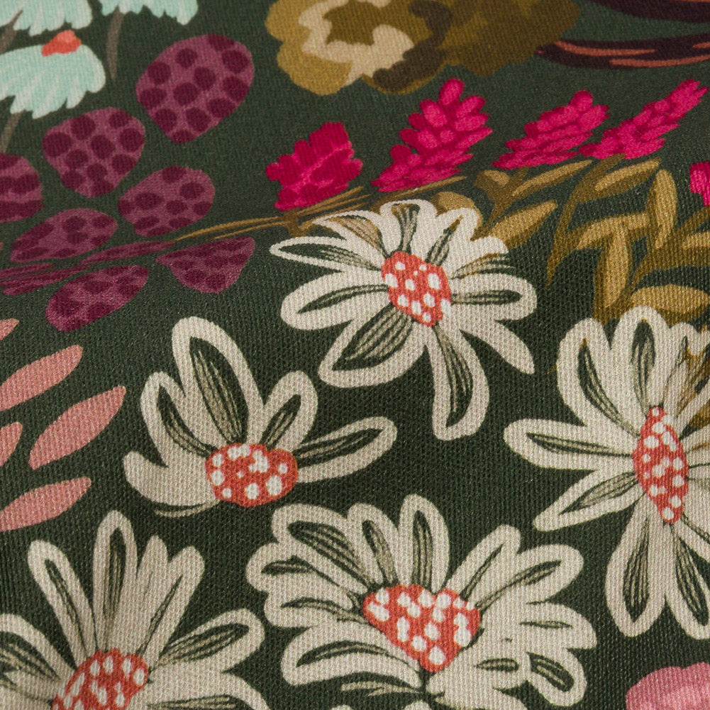Stretch Cotton Twill Print - Red and Green Mushrooms and Flowers - Mood Exclusive Woodland Escape Detail Stretch Cotton Twill Print - Red and Green Mushrooms and Flowers - Mood Exclusive Woodland Escape Detail