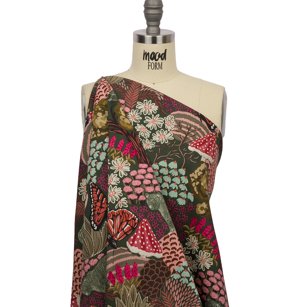 Stretch Cotton Twill Print - Red and Green Mushrooms and Flowers - Mood Exclusive Woodland Escape Drape Stretch Cotton Twill Print - Red and Green Mushrooms and Flowers - Mood Exclusive Woodland Escape Drape