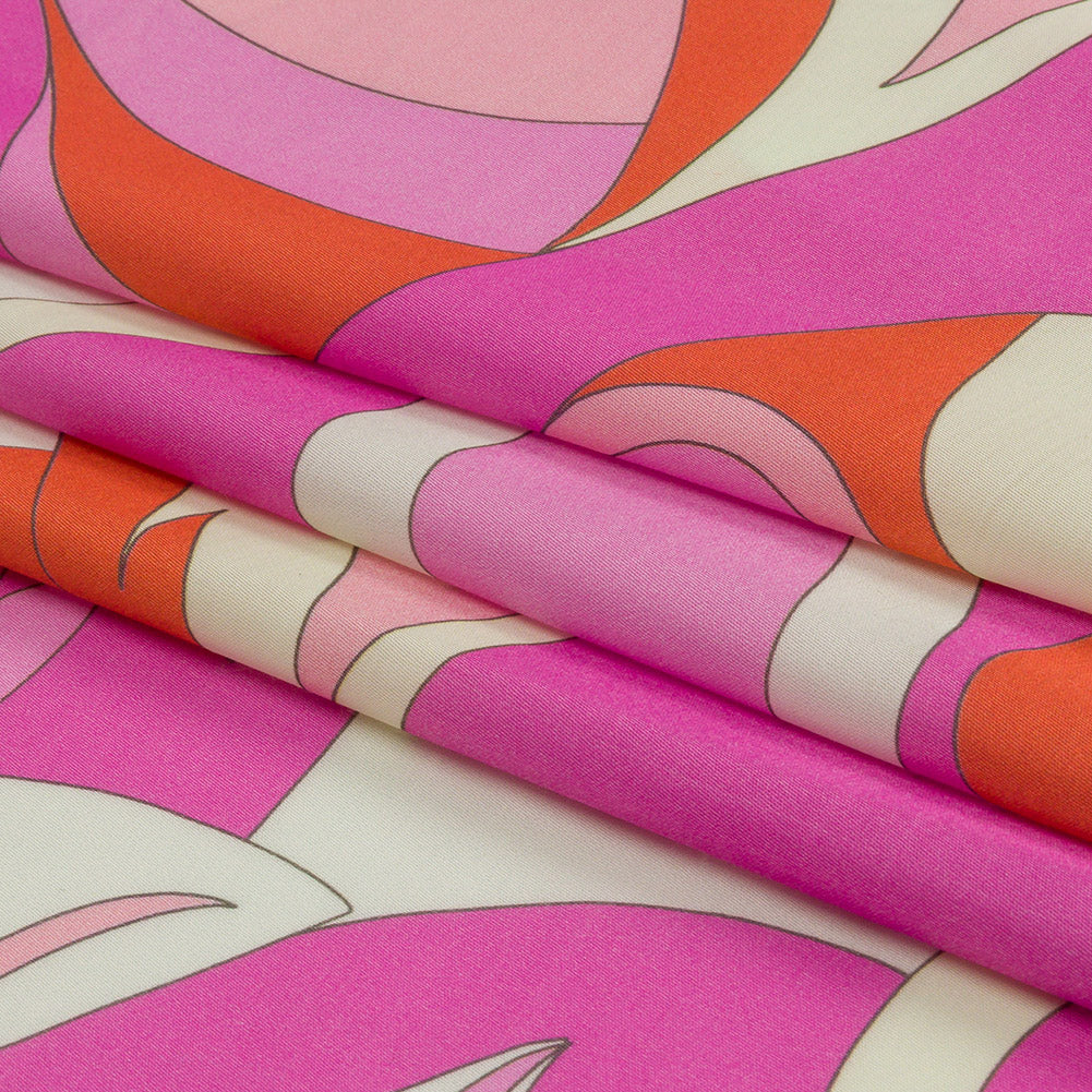 Sustainable and Recycled Viscose Satin Print - Hot Pink, Red-Orange and White Abstract - Mood Exclusive Free Falling Folded Sustainable and Recycled Viscose Satin Print - Hot Pink, Red-Orange and White Abstract - Mood Exclusive Free Falling Folded