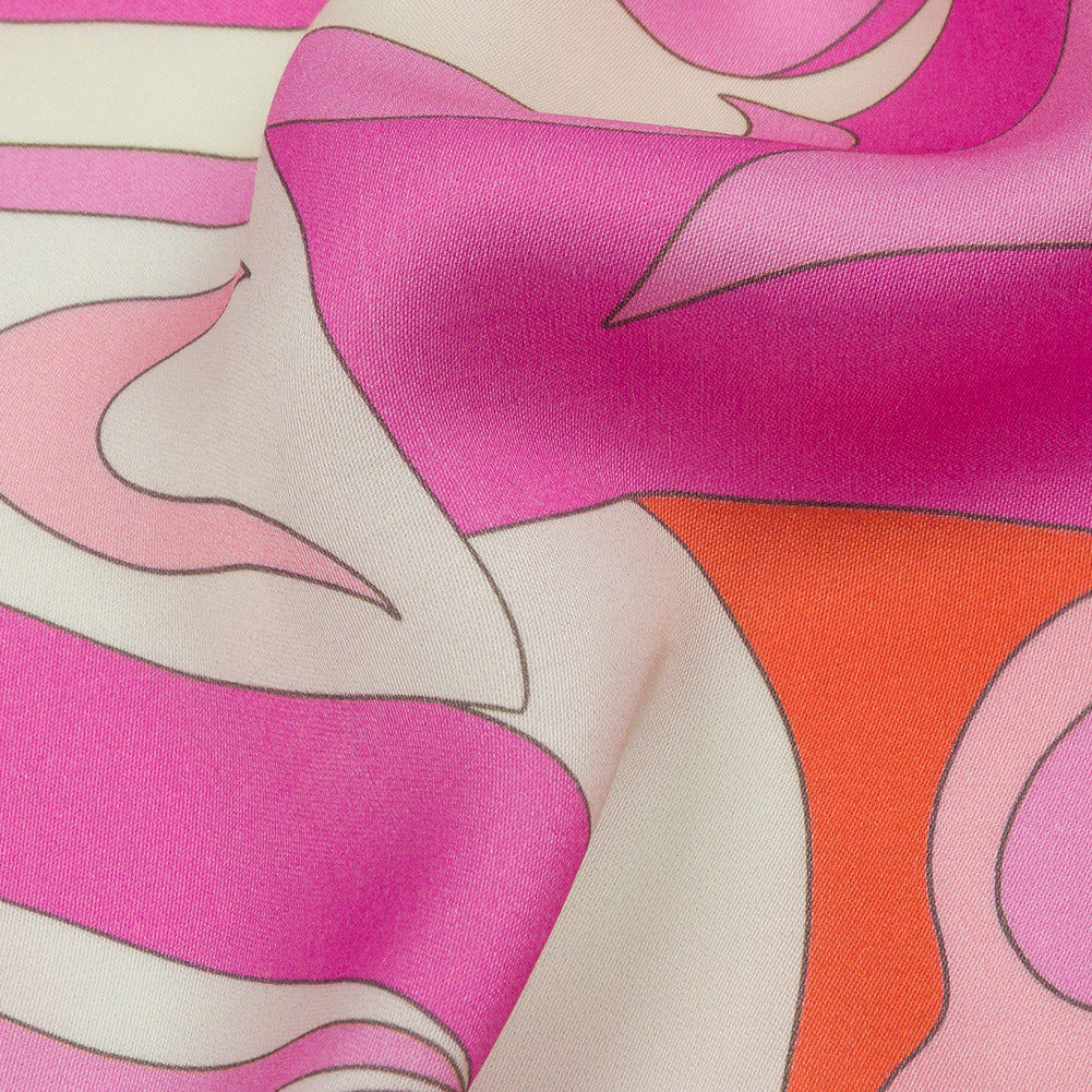 Sustainable and Recycled Viscose Satin Print - Hot Pink, Red-Orange and White Abstract - Mood Exclusive Free Falling Detail Sustainable and Recycled Viscose Satin Print - Hot Pink, Red-Orange and White Abstract - Mood Exclusive Free Falling Detail