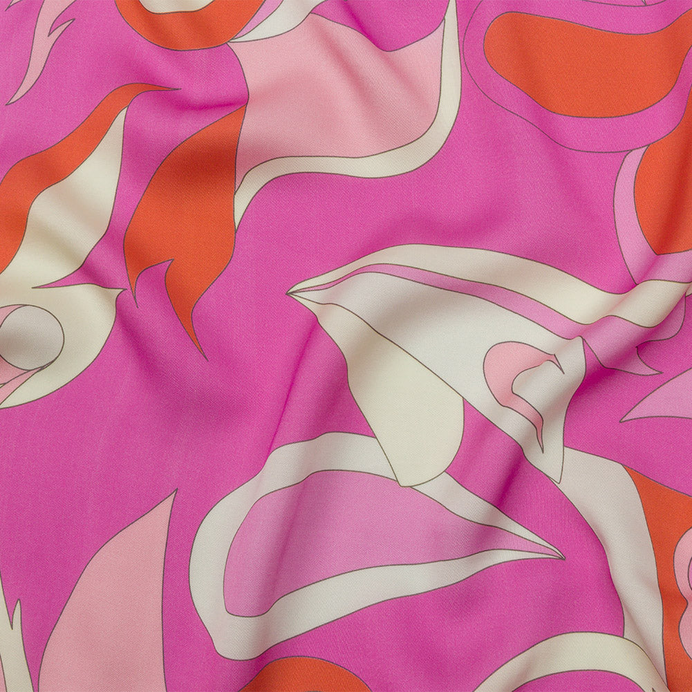 Sustainable and Recycled Viscose Satin Print - Hot Pink, Red-Orange and White Abstract - Mood Exclusive Free Falling Sustainable and Recycled Viscose Satin Print - Hot Pink, Red-Orange and White Abstract - Mood Exclusive Free Falling