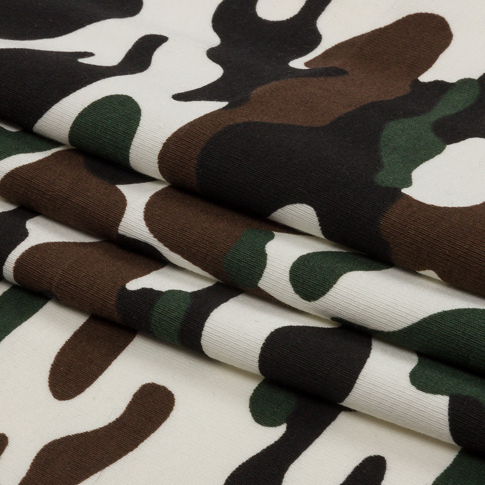 Green, Brown and White Camouflage Cotton Rib Knit Folded Green, Brown and White Camouflage Cotton Rib Knit Folded