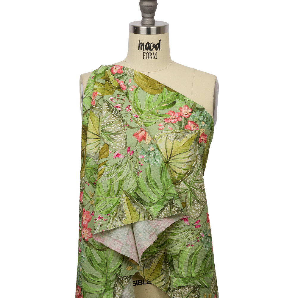 Cotton and Viscose Striped Seersucker Print - Green and Pink Tropical Leaves and Flowers - Mood Exclusive Monstera Mambo Drape Cotton and Viscose Striped Seersucker Print - Green and Pink Tropical Leaves and Flowers - Mood Exclusive Monstera Mambo Drape