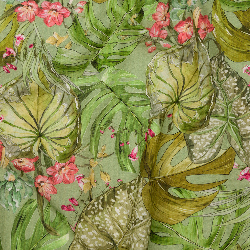 Cotton and Viscose Striped Seersucker Print - Green and Pink Tropical Leaves and Flowers - Mood Exclusive Monstera Mambo Cotton and Viscose Striped Seersucker Print - Green and Pink Tropical Leaves and Flowers - Mood Exclusive Monstera Mambo