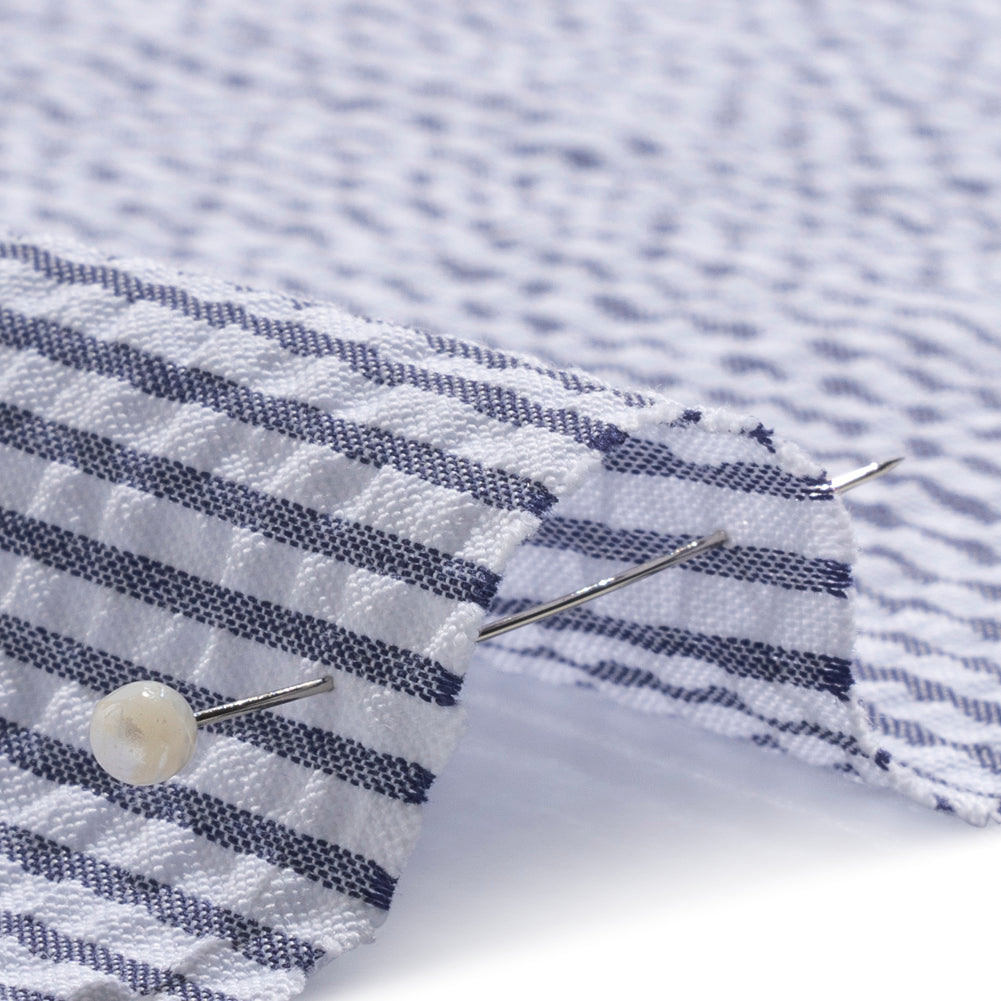 Polyester and Cotton Seersucker - Dark Blue and White Candy Stripes - Wylie Collection Polyester and Cotton Seersucker - Dark Blue and White Candy Stripes - Wylie Collection