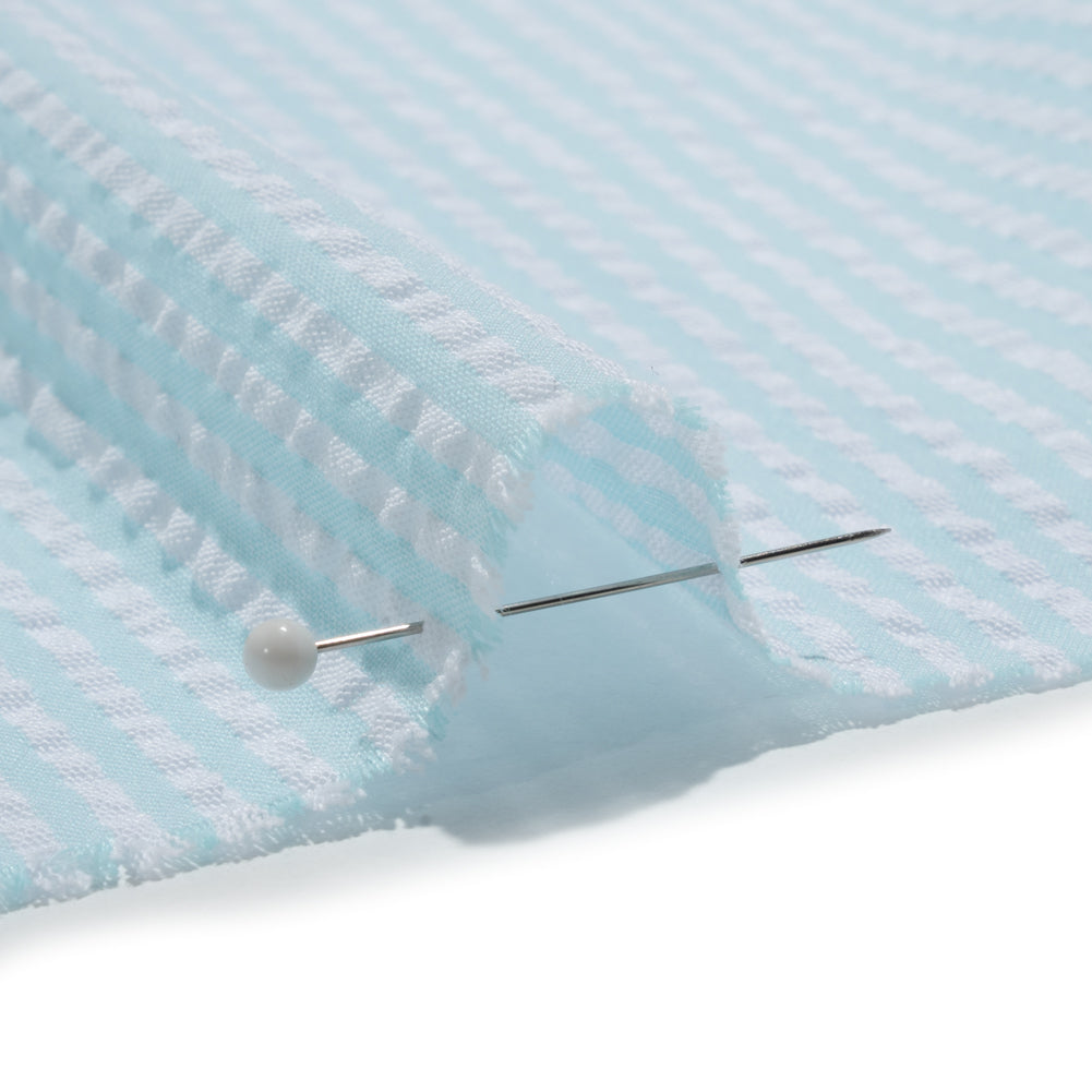 Polyester and Cotton Seersucker - Aegean Blue and White Candy Stripes - Wylie Collection Polyester and Cotton Seersucker - Aegean Blue and White Candy Stripes - Wylie Collection