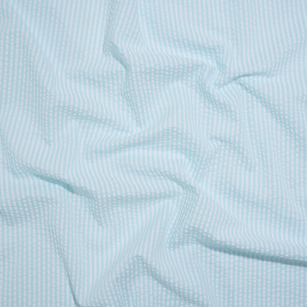 Polyester and Cotton Seersucker - Aegean Blue and White Candy Stripes - Wylie Collection Polyester and Cotton Seersucker - Aegean Blue and White Candy Stripes - Wylie Collection
