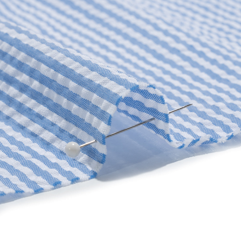 Polyester and Cotton Seersucker - Country Blue and White Candy Stripes - Wylie Collection Polyester and Cotton Seersucker - Country Blue and White Candy Stripes - Wylie Collection