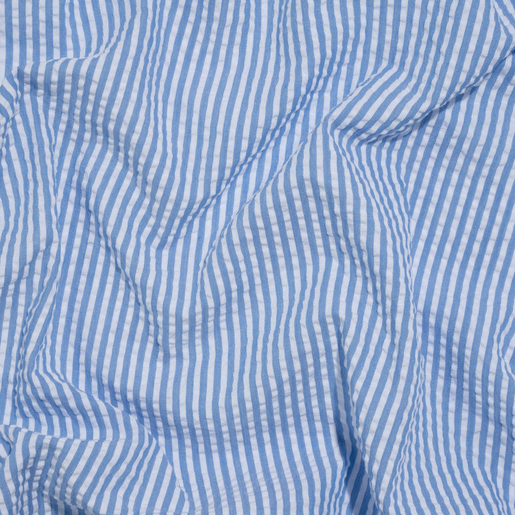 Polyester and Cotton Seersucker - Country Blue and White Candy Stripes - Wylie Collection Polyester and Cotton Seersucker - Country Blue and White Candy Stripes - Wylie Collection