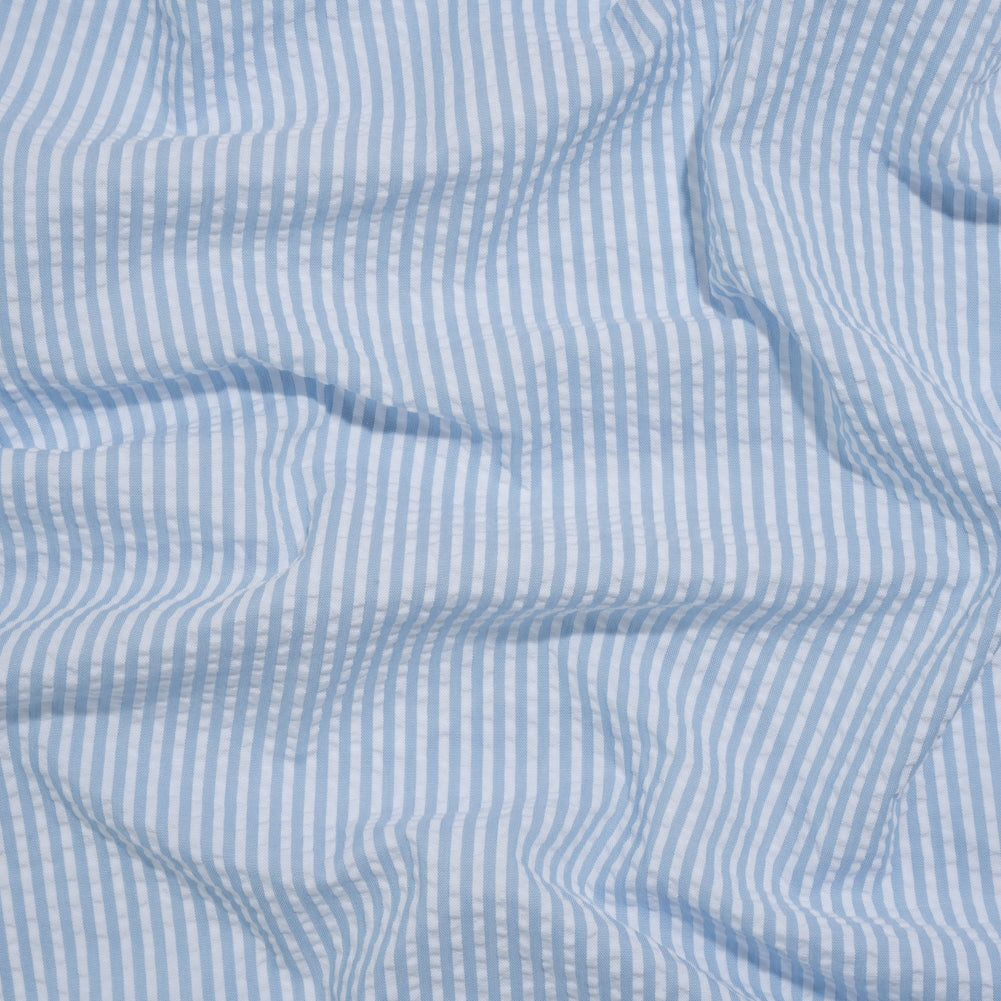 Polyester and Cotton Seersucker - Light Blue and White Candy Stripes - Wylie Collection Polyester and Cotton Seersucker - Light Blue and White Candy Stripes - Wylie Collection