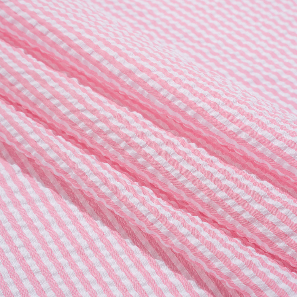 Polyester and Cotton Seersucker - Bubblegum Pink and White Candy Stripes - Wylie Collection Polyester and Cotton Seersucker - Bubblegum Pink and White Candy Stripes - Wylie Collection