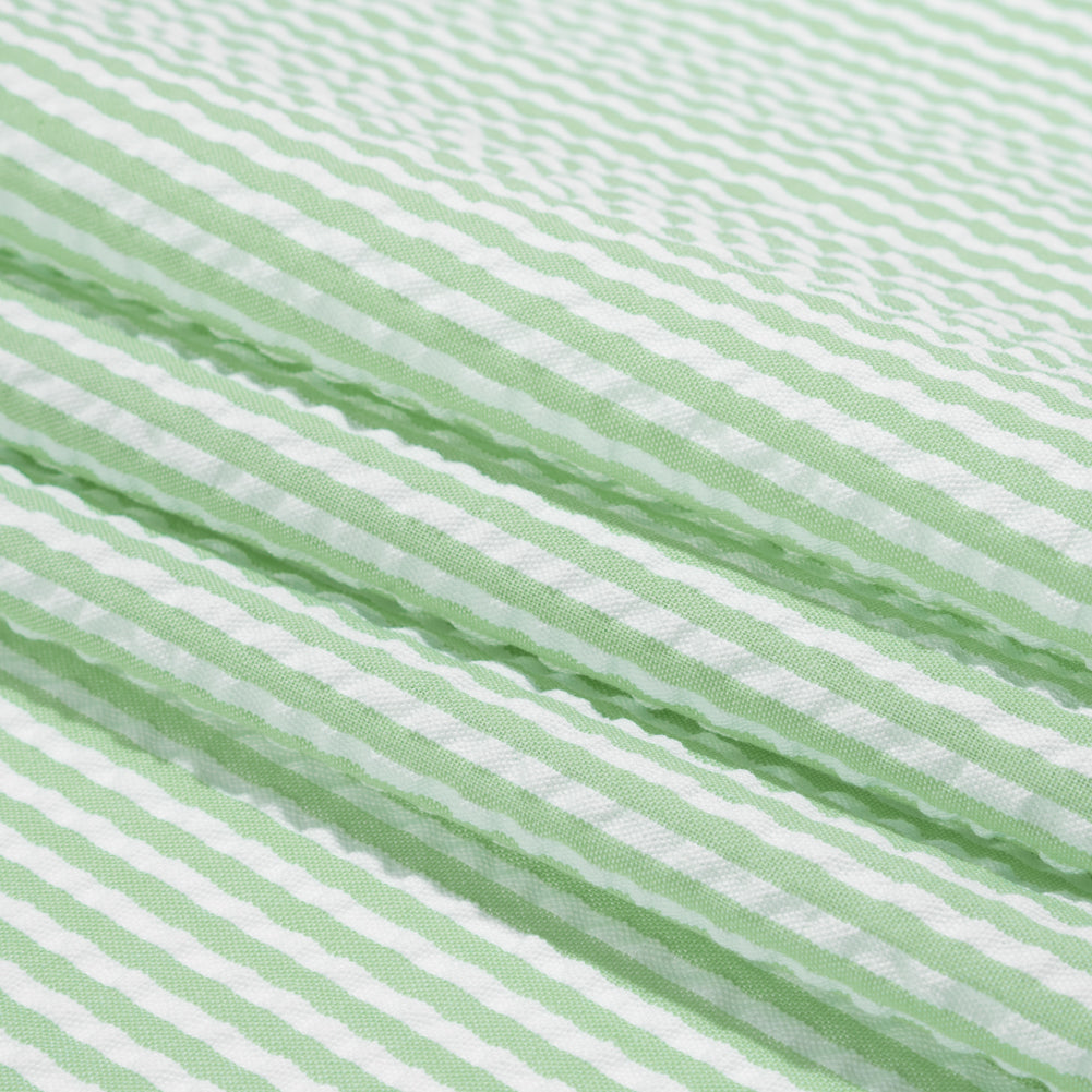 Polyester and Cotton Seersucker - Green and White Candy Stripes - Wylie Collection Polyester and Cotton Seersucker - Green and White Candy Stripes - Wylie Collection