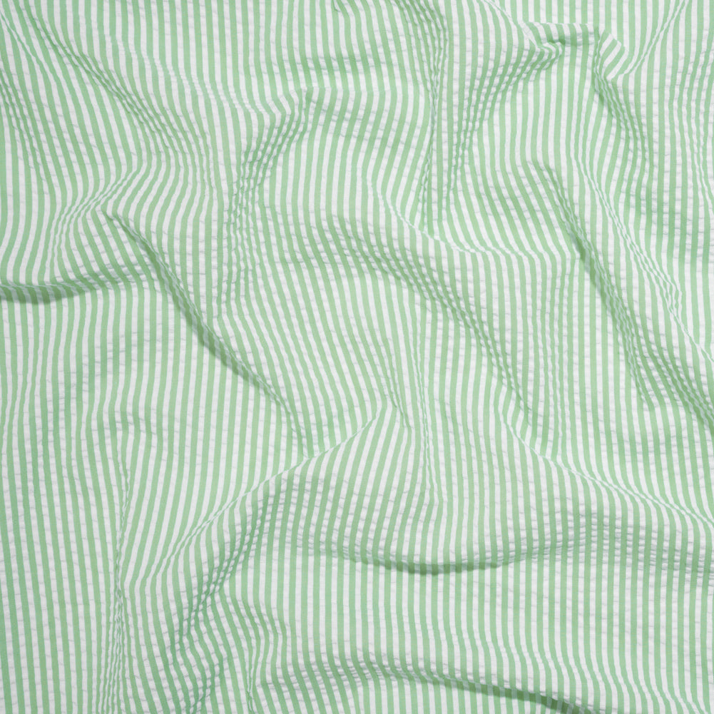 Polyester and Cotton Seersucker - Green and White Candy Stripes - Wylie Collection Polyester and Cotton Seersucker - Green and White Candy Stripes - Wylie Collection