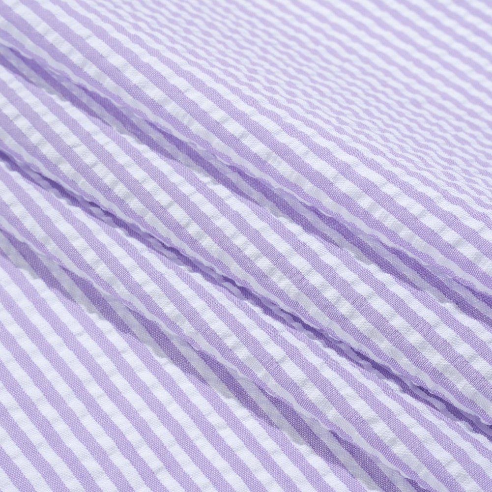 Polyester and Cotton Seersucker - Purple and White Candy Stripes - Wylie Collection Polyester and Cotton Seersucker - Purple and White Candy Stripes - Wylie Collection