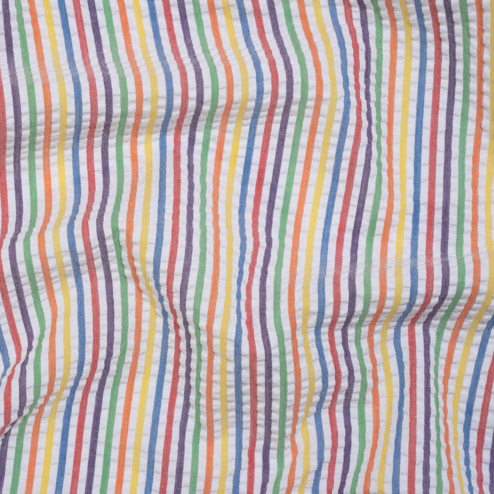 Polyester and Cotton Seersucker - Rainbow and White Candy Stripes - Wylie Collection Polyester and Cotton Seersucker - Rainbow and White Candy Stripes - Wylie Collection