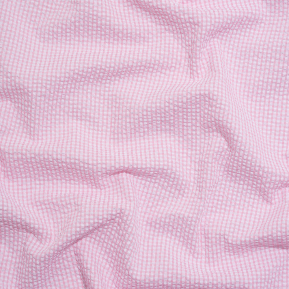 Polyester and Cotton Seersucker - Pink and White Checks - Wylie Collection Polyester and Cotton Seersucker - Pink and White Checks - Wylie Collection