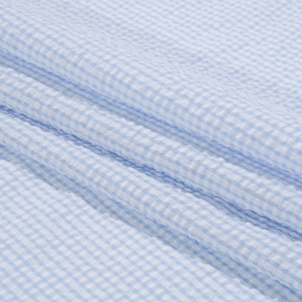 Polyester and Cotton Seersucker - Blue and White Checks - Wylie Collection Polyester and Cotton Seersucker - Blue and White Checks - Wylie Collection
