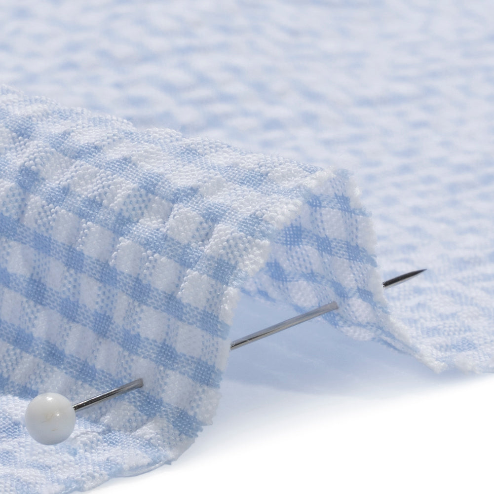 Polyester and Cotton Seersucker - Blue and White Checks - Wylie Collection Polyester and Cotton Seersucker - Blue and White Checks - Wylie Collection