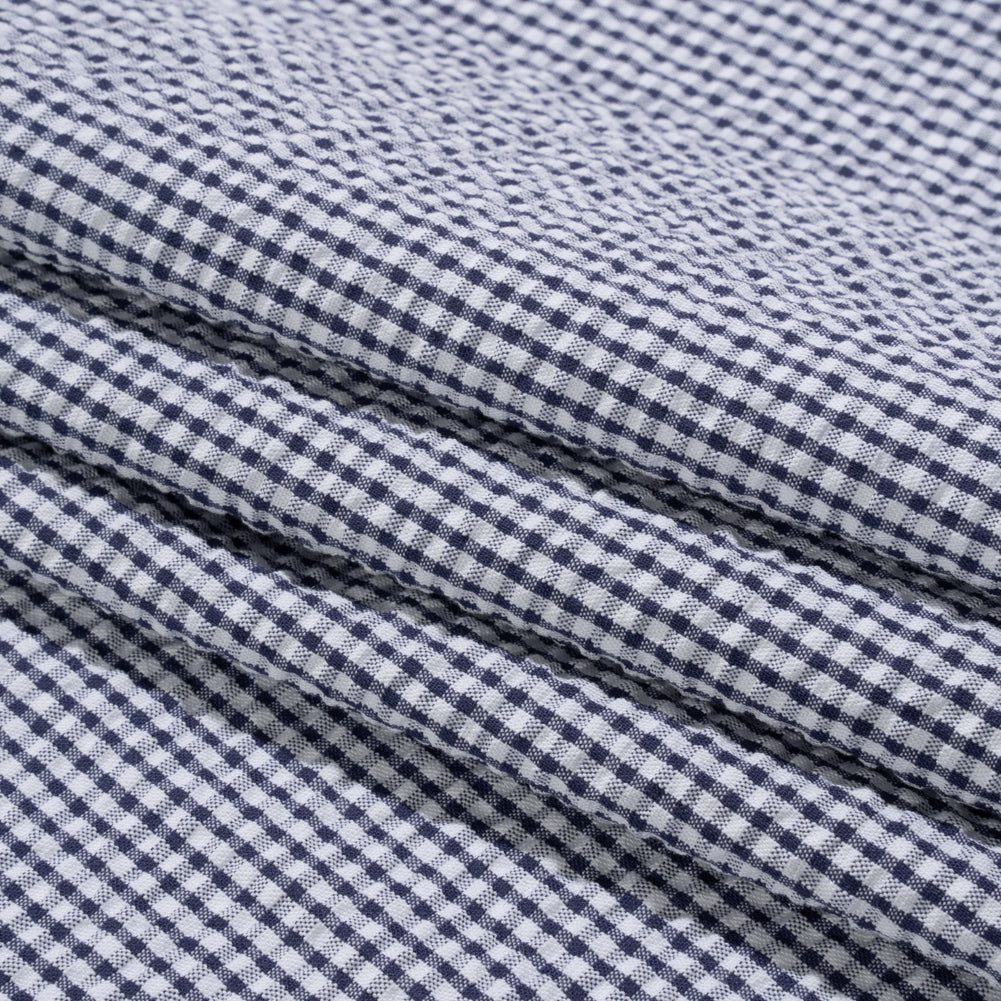 Polyester and Cotton Seersucker - Dark Blue and White Checks - Wylie Collection Polyester and Cotton Seersucker - Dark Blue and White Checks - Wylie Collection