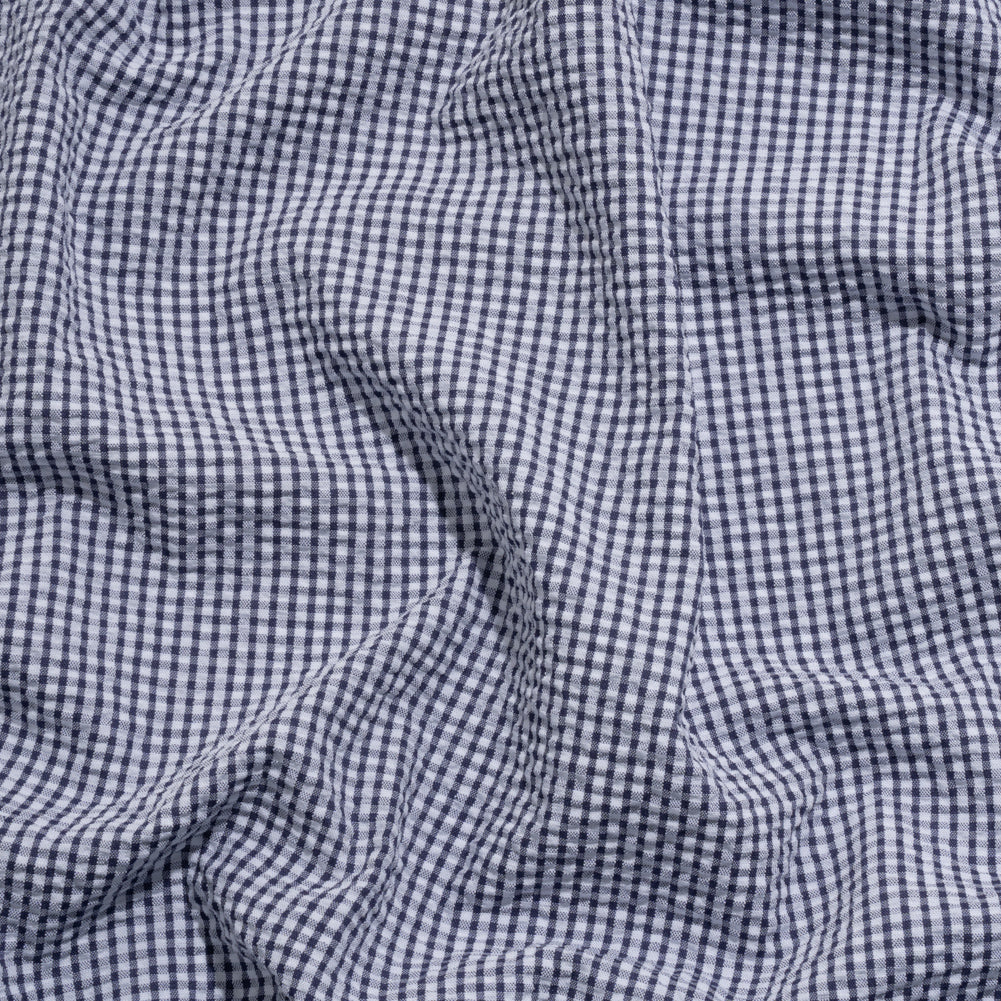 Polyester and Cotton Seersucker - Dark Blue and White Checks - Wylie Collection Polyester and Cotton Seersucker - Dark Blue and White Checks - Wylie Collection