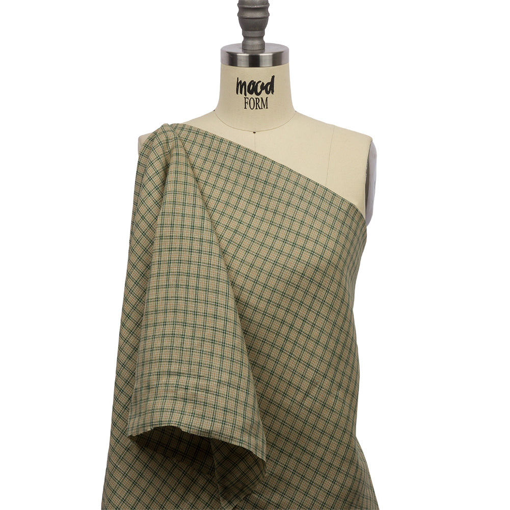 Green and Beige Checked Lightweight Linen Woven Green and Beige Checked Lightweight Linen Woven
