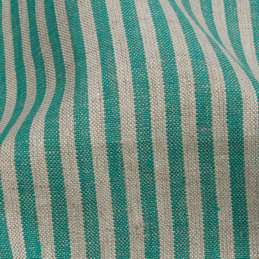Turquoise and Oatmeal Striped Medium Weight Linen Woven Turquoise and Oatmeal Striped Medium Weight Linen Woven