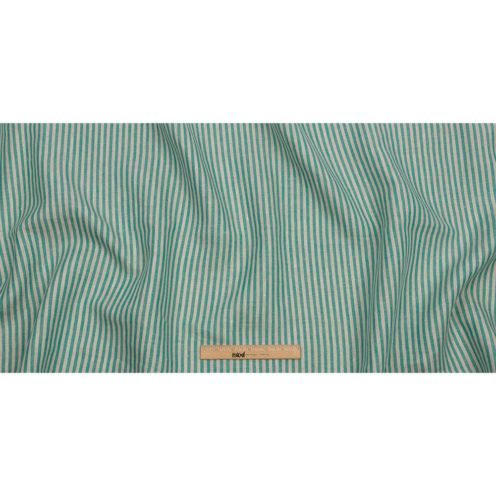 Turquoise and Oatmeal Striped Medium Weight Linen Woven Turquoise and Oatmeal Striped Medium Weight Linen Woven