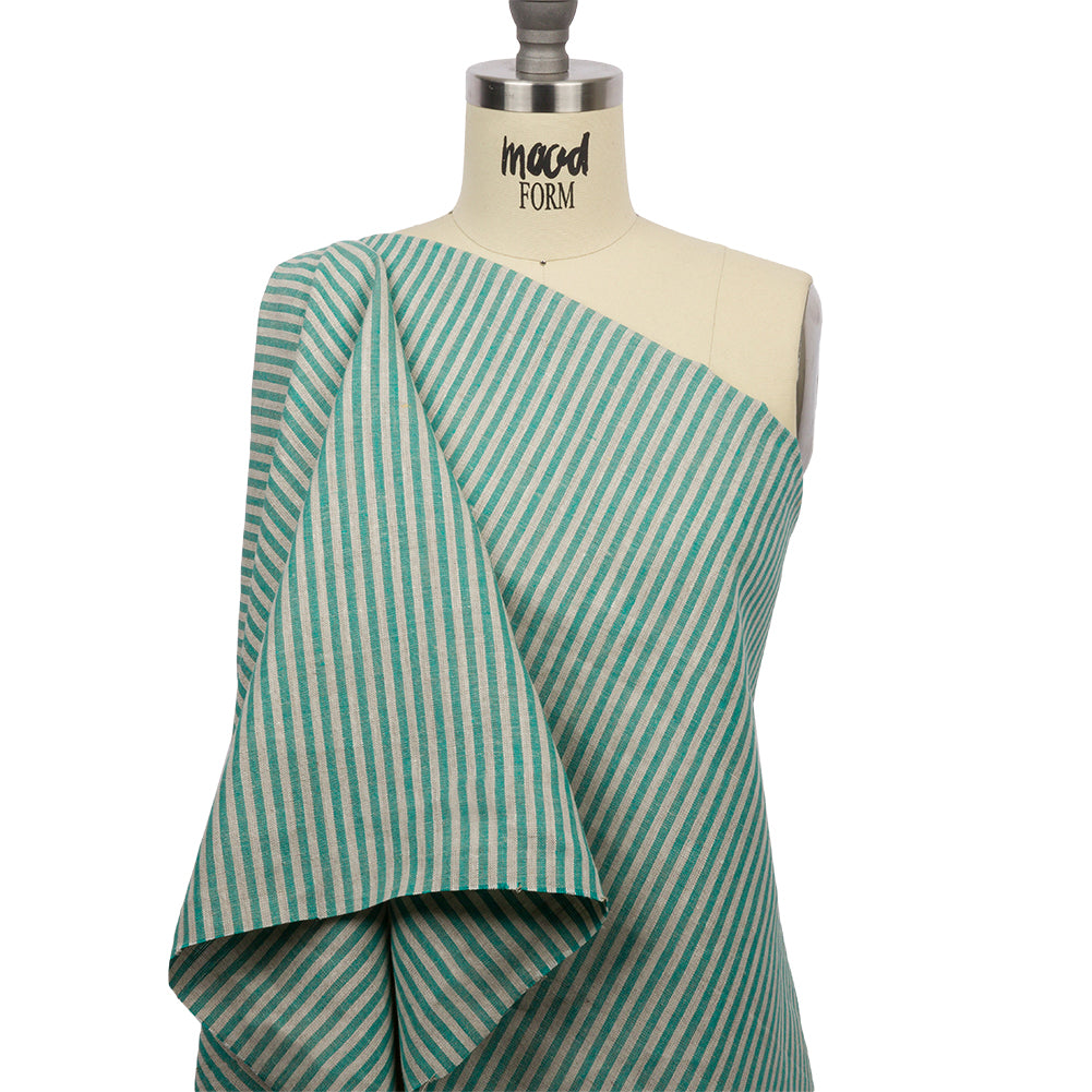 Turquoise and Oatmeal Striped Medium Weight Linen Woven Turquoise and Oatmeal Striped Medium Weight Linen Woven