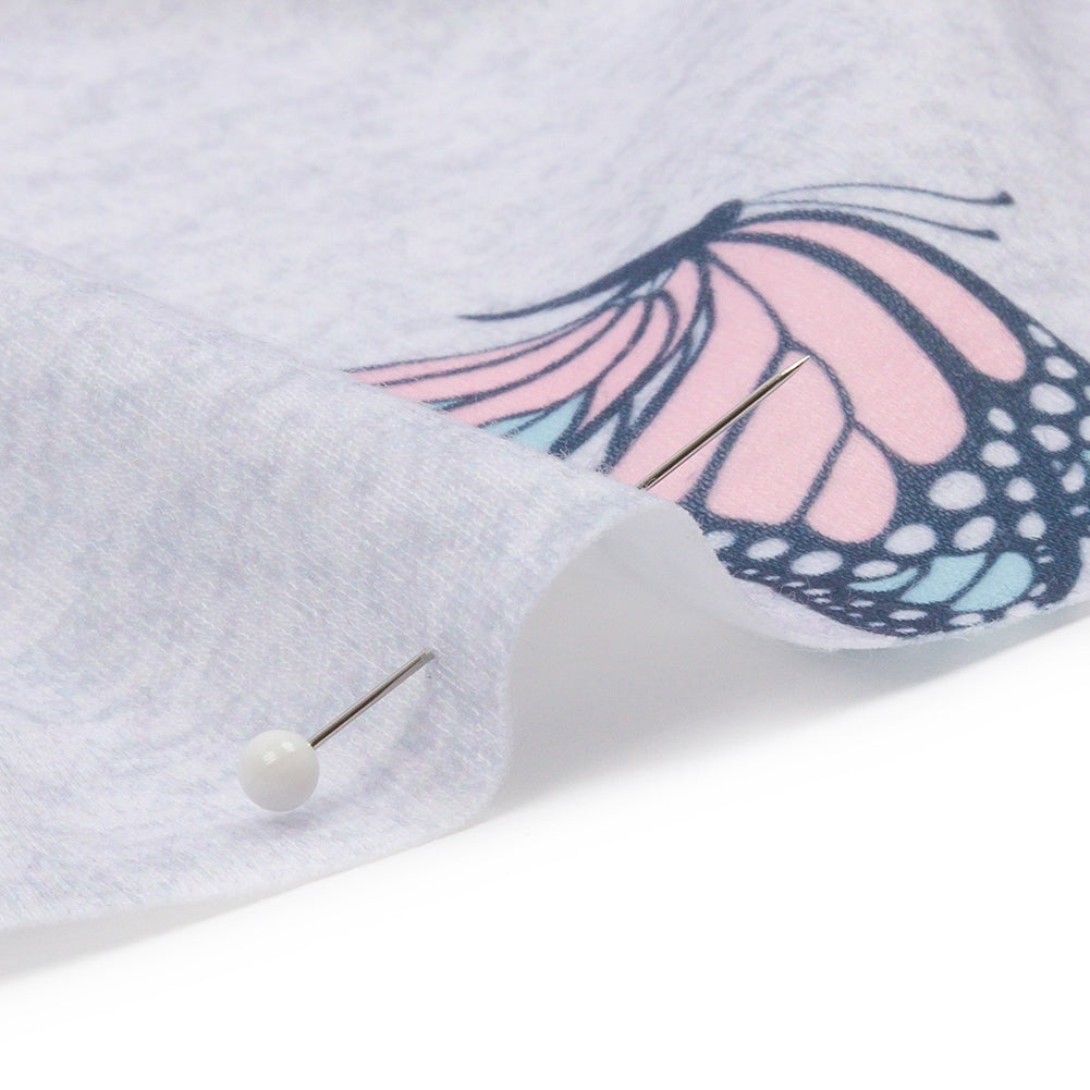 Heathered Gray, Pink and Blue Butterflies Recycled Polyester Interlock Knit Detail Heathered Gray, Pink and Blue Butterflies Recycled Polyester Interlock Knit Detail