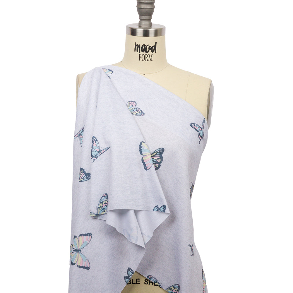 Heathered Gray, Pink and Blue Butterflies Recycled Polyester Interlock Knit Drape Heathered Gray, Pink and Blue Butterflies Recycled Polyester Interlock Knit Drape