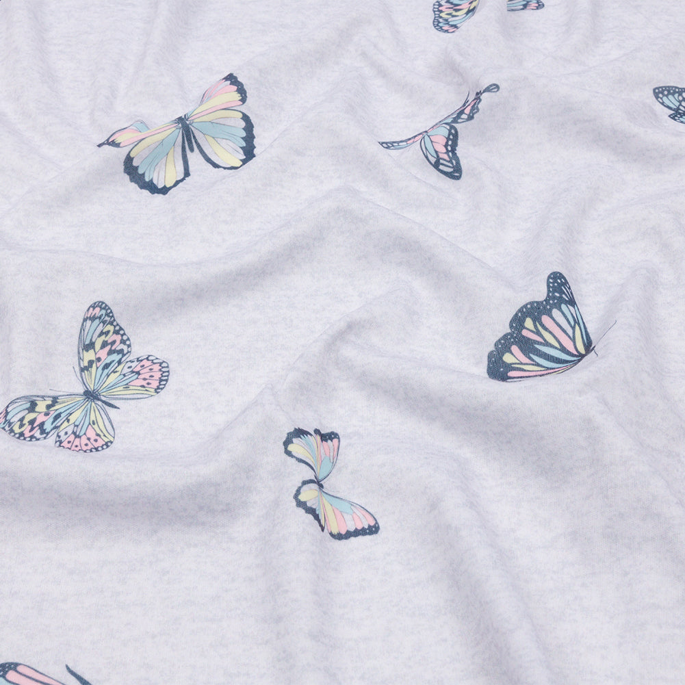 Heathered Gray, Pink and Blue Butterflies Recycled Polyester Interlock Knit Heathered Gray, Pink and Blue Butterflies Recycled Polyester Interlock Knit