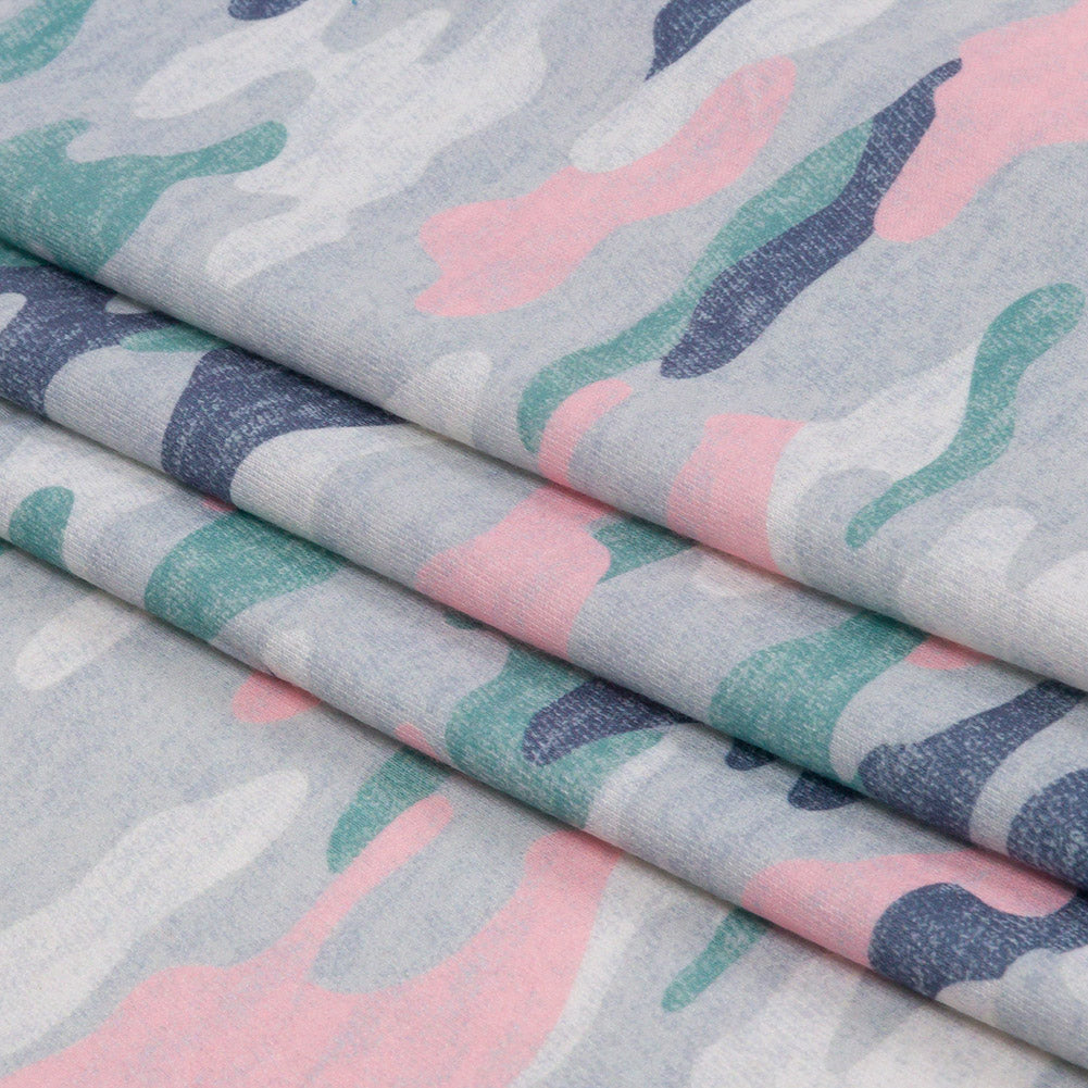 Gray, Green and Pink Camouflage Recycled Polyester Interlock Knit Folded Gray, Green and Pink Camouflage Recycled Polyester Interlock Knit Folded