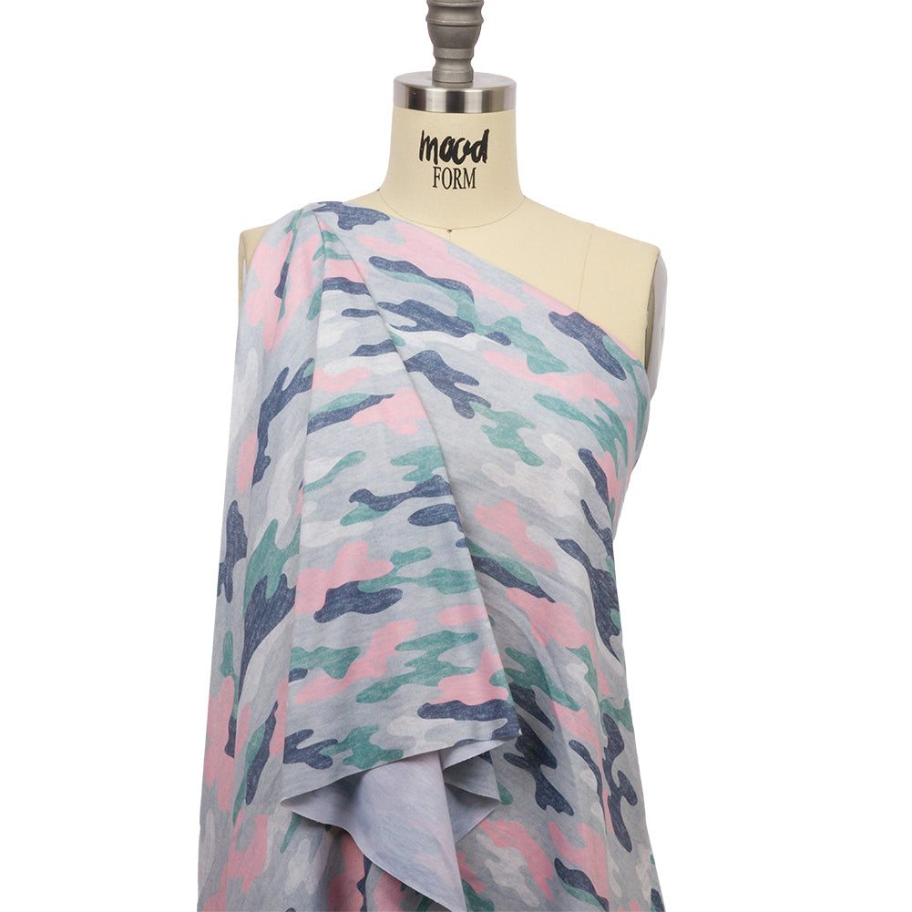 Gray, Green and Pink Camouflage Recycled Polyester Interlock Knit Drape Gray, Green and Pink Camouflage Recycled Polyester Interlock Knit Drape