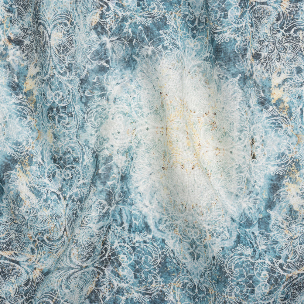 Blue and Beige Floral Lace Printed Lightweight Linen Woven Blue and Beige Floral Lace Printed Lightweight Linen Woven