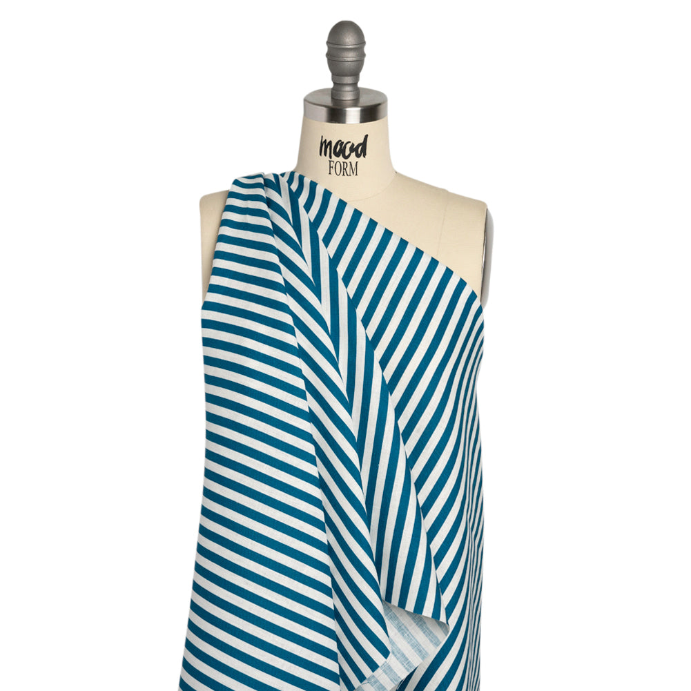 Medium Weight Linen Woven - Teal Stripes - Lydia Collection - Drape Medium Weight Linen Woven - Teal Stripes - Lydia Collection - Drape