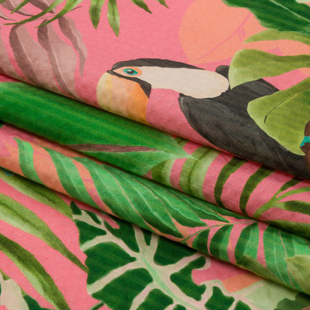 Cotton and Viscose Striped Seersucker Print - Pink Birds and Leaves - Mood Exclusive Birds of Paradise Folded Cotton and Viscose Striped Seersucker Print - Pink Birds and Leaves - Mood Exclusive Birds of Paradise Folded